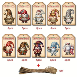 50 stuks cadeau labels kerstkabouters met touw