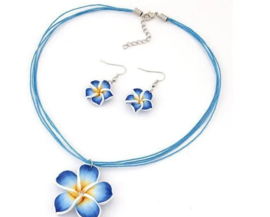 Ketting + oorbellen bloemen blauw