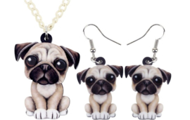 Ketting + oorbellen Franse Bulldog acryl