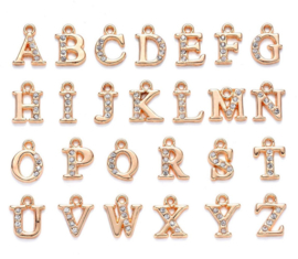 26 stuks metalen bedels alfabet goudkleur met strass 13mm