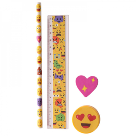 Emoji schrijfset Potlood - gum - puntenslijper - liniaal