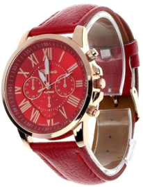 Romeinse Cijfers PU Leather Analoge Quartz Horloge rood