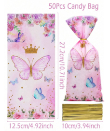 50 stuks uitdeelzakjes - traktatie zakjes roze vlinders 27x12,5 cm