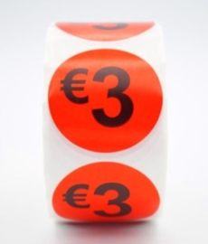 Prijsstickers op rol 3.5cm 3 euro - 500 stuks