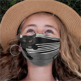 Mondmasker zwart - wit met kat (volwassenen) wasbaar - herbruikbaar