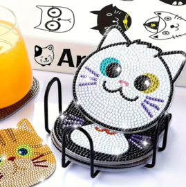 Hobbypakket Diamond Painting 10 stuks onderzetters katten + standaard