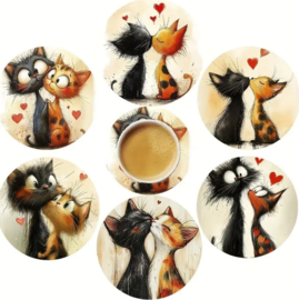 6 stuks houten onderzetters cartoon katten hittebestendig