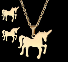 Sieradenset Unicorn / eenhoorn ketting + oorbellen goudkleurig