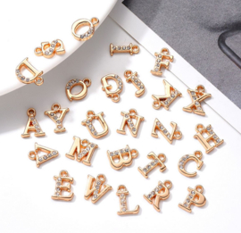 26 stuks metalen bedels alfabet goudkleur met strass 13mm