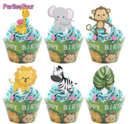 12 stuks cupcake omslagen jungle dieren Happy Birthday + 12 toppers