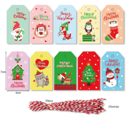 50 stuks kerst cadeau labels met touwtjes multicolor