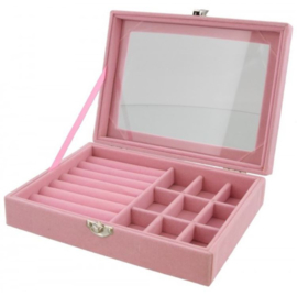 Luxe sieraden box roze fluuweel 20x15x4,5cm
