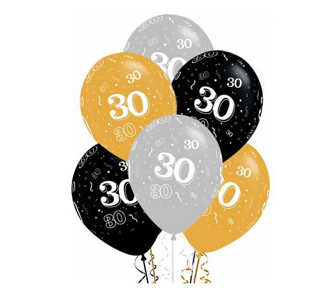 12 stuks ballonnen 30 jaar zilverkleur - goudkleur - zwart | Feest