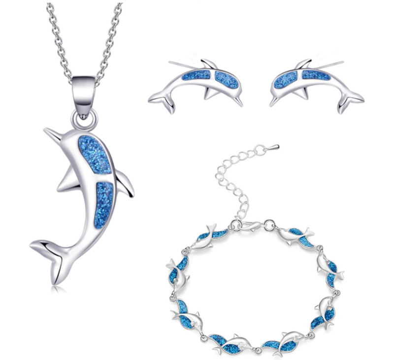 Sieradenset dolfijnen ketting + armband + oorbellen