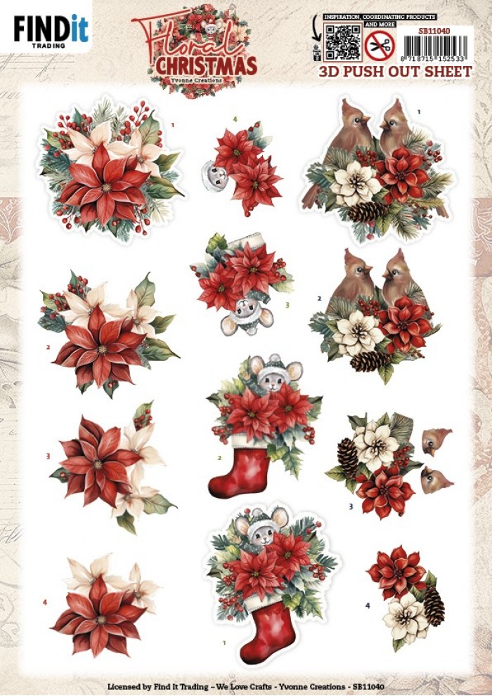 SB11040 3D Pushout Sheet - Yvonne Ceations - Floral Christmas- Floral Poinsettia