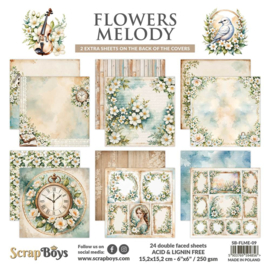 SB-FLME-09   Paper Collection Set 15x15cm Flowers Melody, 250 gsm (24 sheets, 12 designs, 4x6 double-sided sheets, 2 bonus designs)
