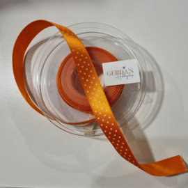 Satijnlint Oranje met witte stipjes 15mm - per meter