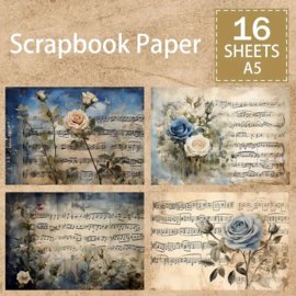 Junk Journal Treasures - A5 Journal papers 16 sheets - Blue Vintage Music Notes