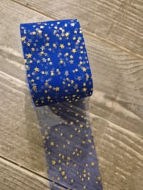 Tule Saffier Blauw met gouden sterretjes 6cm breed - per meter