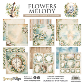 SB-FLME-10   Paper Collection Set 20,3x20,3cm Flowers Melody, 250 gsm (12 sheets, 12 designs, 2x6 double-sided sheets, 2 bonus designs)