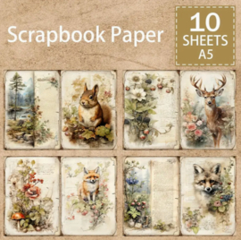 Junk Journal Treasures - A6 Journal papers 10 sheets -Dieren 2
