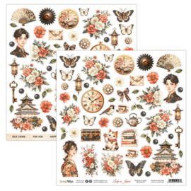 SB-LAJA-07   Double-sidedpaper 30,5x30,5cm Lady in Japan – 07, elements to cut, mirror/pop-up print, 190 gsm - PAKKETPOST!!!