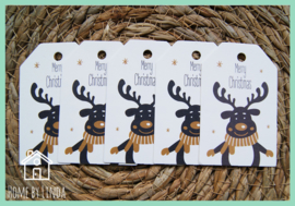 Label Rendier Merry Christmas wit kraft 4,5 cm x 6,5 cm (set van 10 stuks)