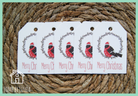 Label Vogel Merry Christmas wit kraft 4,5 cm x 6,5 cm (set van 10 stuks)