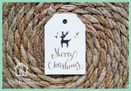 Label Hert Merry Christmas wit kraft 4,5 cm x 6,5 cm (set van 10 stuks)