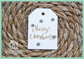 Label Sneeuwvlokken Merry Christmas wit kraft 4,5 cm x 6,5 cm (set van 10 stuks)