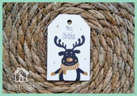 Label Rendier Merry Christmas wit kraft 4,5 cm x 6,5 cm (set van 10 stuks)