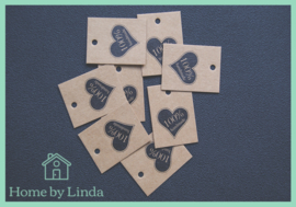 Label hart 100% handmade bruin kraft 3 cm x 4 cm (set van 10 stuks)