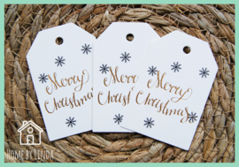 Label Sneeuwvlokken Merry Christmas wit kraft 4,5 cm x 6,5 cm (set van 10 stuks)