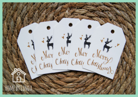 Label Hert Merry Christmas wit kraft 4,5 cm x 6,5 cm (set van 10 stuks)