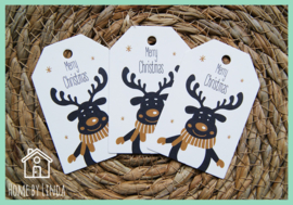 Label Rendier Merry Christmas wit kraft 4,5 cm x 6,5 cm (set van 10 stuks)