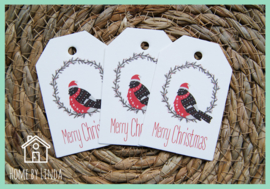 Label Vogel Merry Christmas wit kraft 4,5 cm x 6,5 cm (set van 10 stuks)