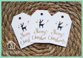 Label Hert Merry Christmas wit kraft 4,5 cm x 6,5 cm (set van 10 stuks)
