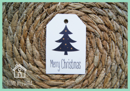 Label Kerstboom Merry Christmas wit kraft 4,5 cm x 6,5 cm (set van 10 stuks)
