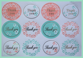 Stickers Thank you ovaal kleur met zilver 2,5 cm x 3,5 cm (set van 24 stuks)