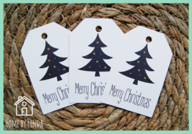 Label Kerstboom Merry Christmas wit kraft 4,5 cm x 6,5 cm (set van 10 stuks)