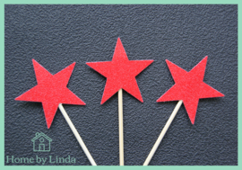 Cupcake topper ster rood 3 cm x 3 cm (set van 20 stuks)