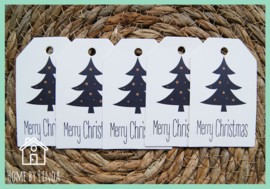 Label Kerstboom Merry Christmas wit kraft 4,5 cm x 6,5 cm (set van 10 stuks)