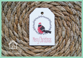 Label Vogel Merry Christmas wit kraft 4,5 cm x 6,5 cm (set van 10 stuks)