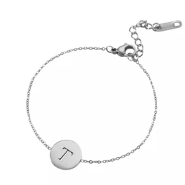 Letter armband coin - initiaal T - zilver
