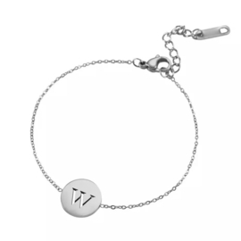 Letter armband coin - initiaal W - zilver