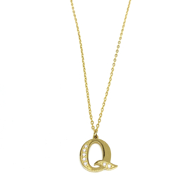 Letter ketting half diamond - initiaal Q - goud