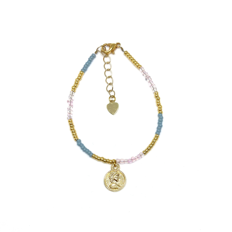 Bracelet blue & pink with one coin - gold