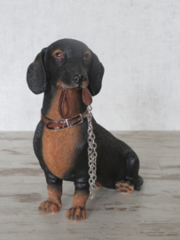 beeldje Teckel korthaar black & tan met riem