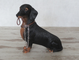 beeldje Teckel korthaar black & tan met riem