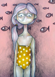 Girl in a yellow & white polka dot bathing suit - postcard
